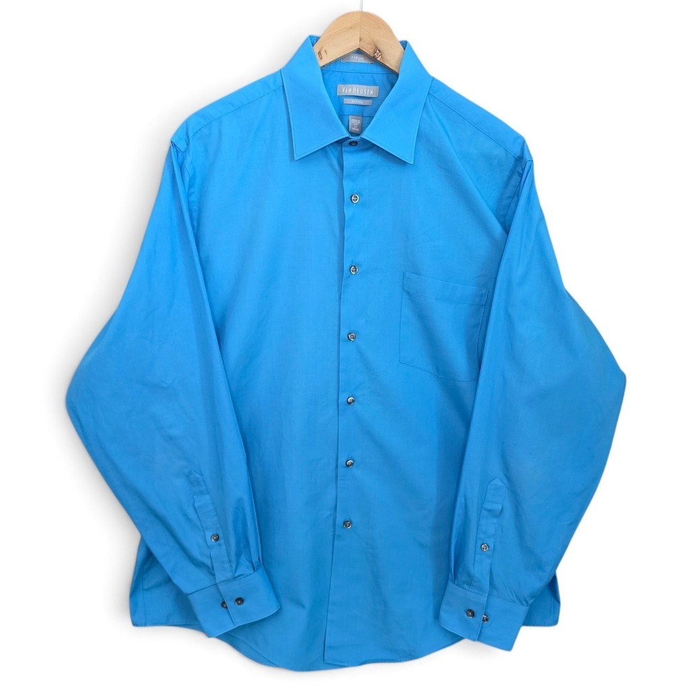 Van Heusen Mens Dress Shirt 17 34/35 Fitted Blue Poplin Long Sleeve Wrinkle Free